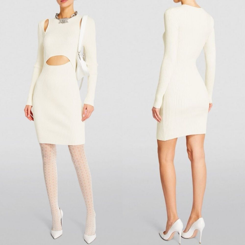 NWT Simkhai X Wolford  Wool Mini Cream White Dress Knit Contoured Rib Size L